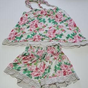 Matilda Jane Pink and Green Floral Shorts Pajama Set Sz M